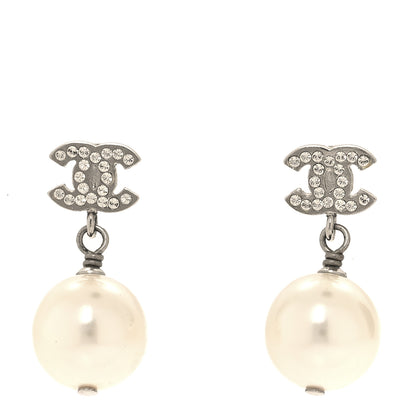 Chanel Crystal Pearl CC Drop Earrings Silver Pearly White 1 of 6