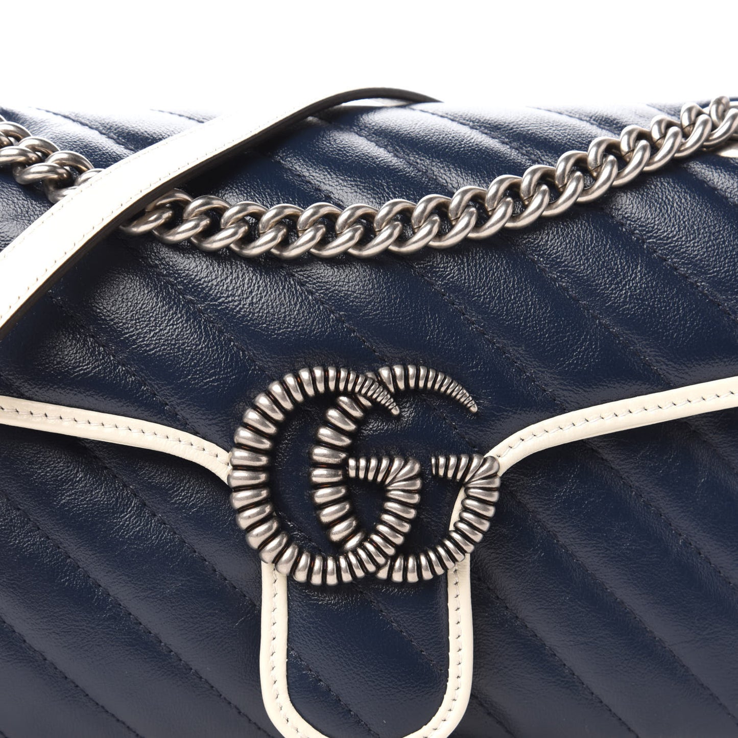 Vintage Effect Calfskin Matelasse Diagonal Small Torchon GG Marmont Shoulder Bag Blue Agata Mystic White