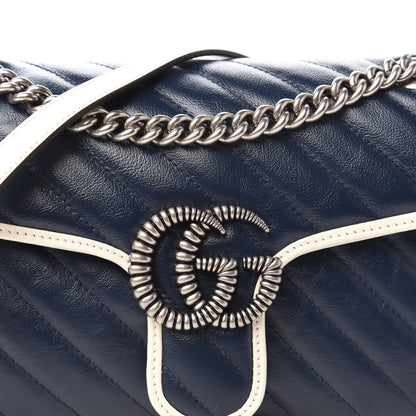 Gucci Vintage Effect Calfskin Matelasse Diagonal Small Torchon GG Marmont Shoulder Bag Blue Agata Mystic White 11 of 11