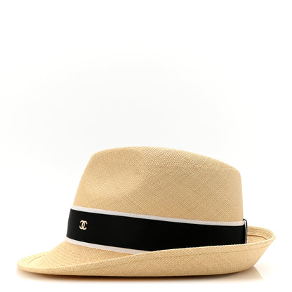 Chanel Straw Grosgrain Ribbon Fedora Hat S Beige Black 4 of 8