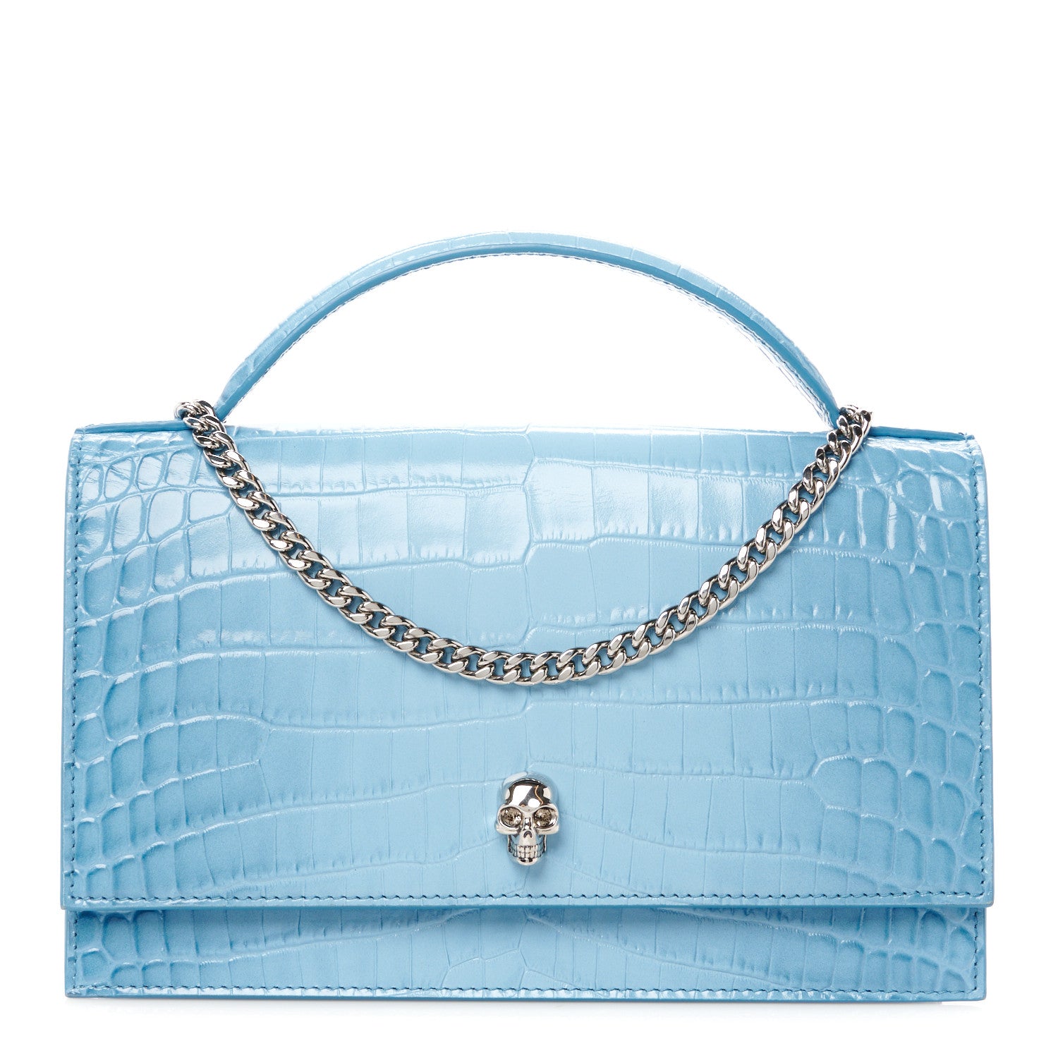 Alexander McQueen Calfskin Crocodile Embossed Medium Skull Top Handle Bag Blue 1 of 11