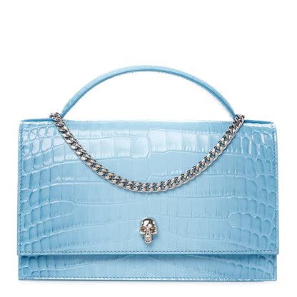 Alexander McQueen Calfskin Crocodile Embossed Medium Skull Top Handle Bag Blue 1 of 11