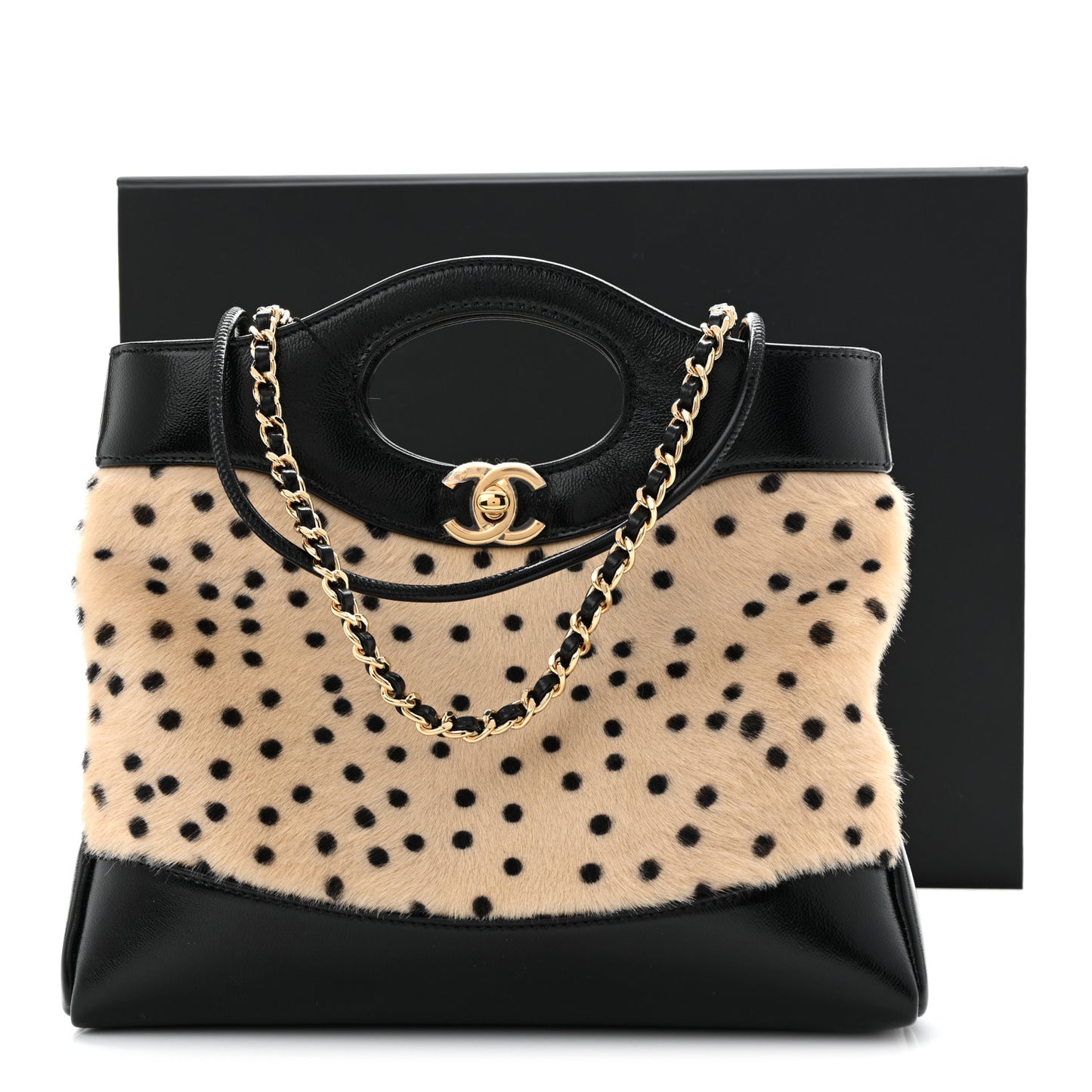 Shiny Lambskin Pony Hair Cheetah Printed Mini 31 Shopping Bag Light Beige Black