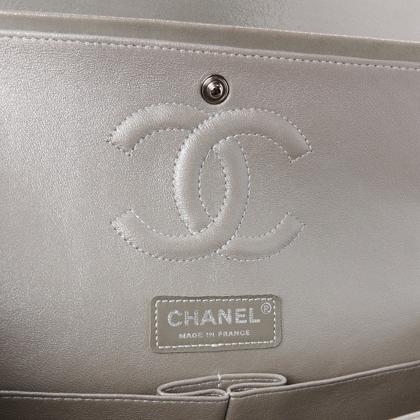 Iridescent Calfskin Chevron Quilted Medium Double Flap Silver