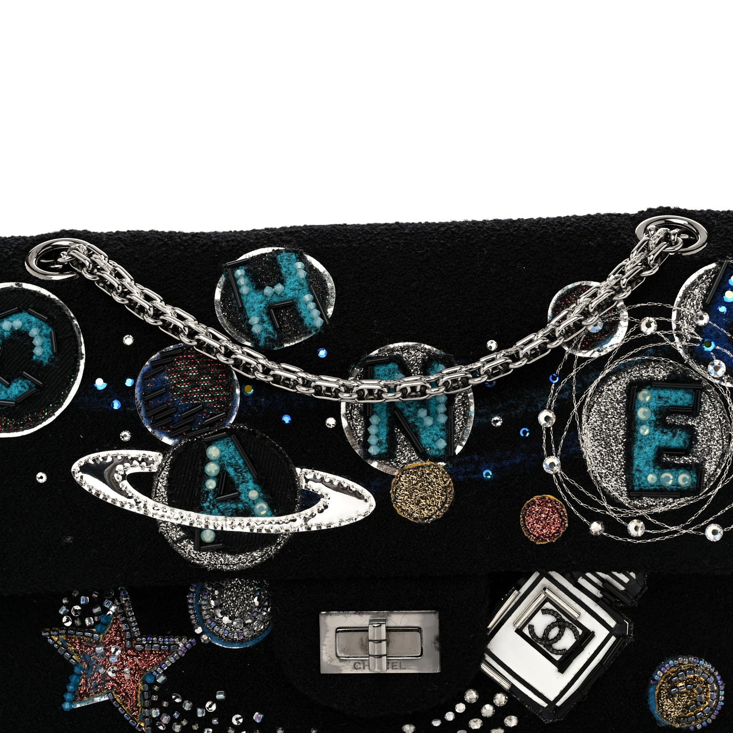 Boucle Tweed Crystal Bead Embellished Space Charms 2.55 Reissue 225 Flap Black Multicolor