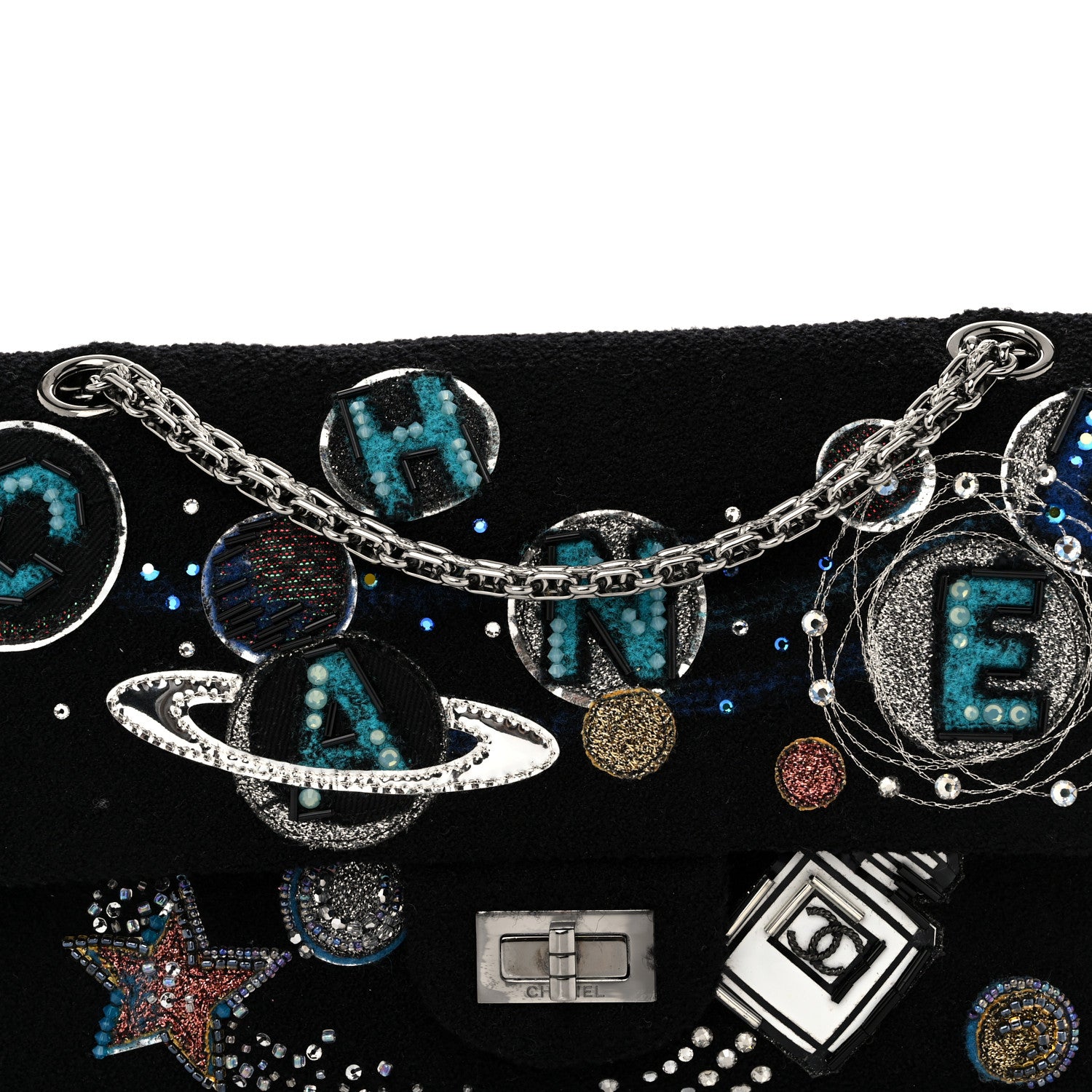 Chanel Boucle Tweed Crystal Bead Embellished Space Charms 2.55 Reissue 225 Flap Black Multicolor 8 of 10