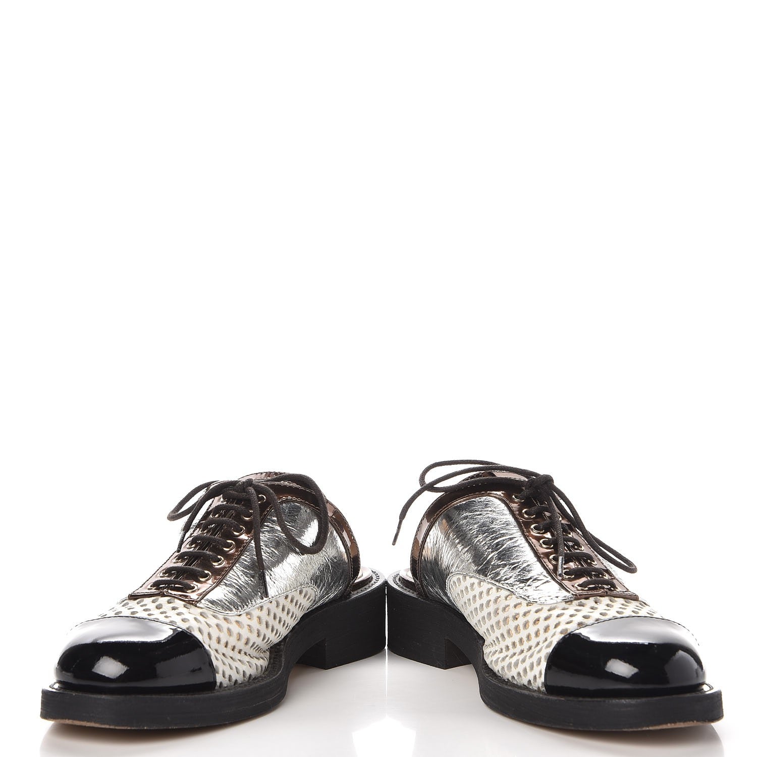 Chanel Lambskin Perforated Cap Toe Lace Up Mules 36 Silver Black 6 of 12