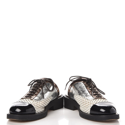 Chanel Lambskin Perforated Cap Toe Lace Up Mules 36 Silver Black 6 of 12