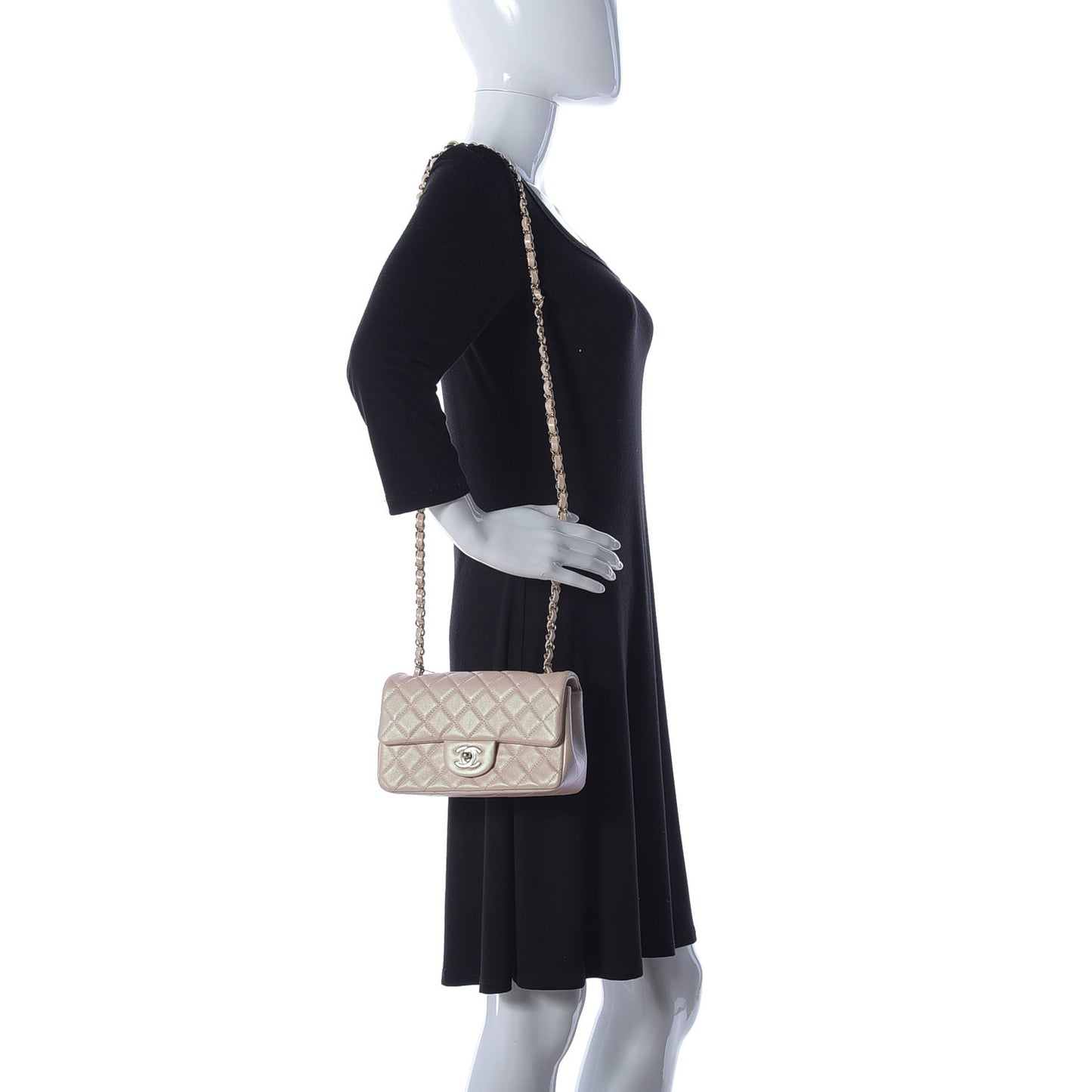 Iridescent Calfskin Quilted Mini Rectangular Flap Beige