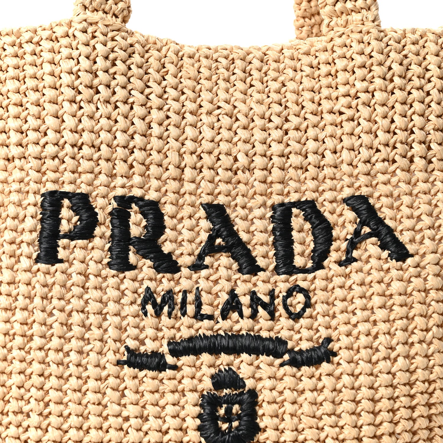Prada Yarn Raffia Effect Crochet Embroidered Logo Tote Naturale 7 of 9