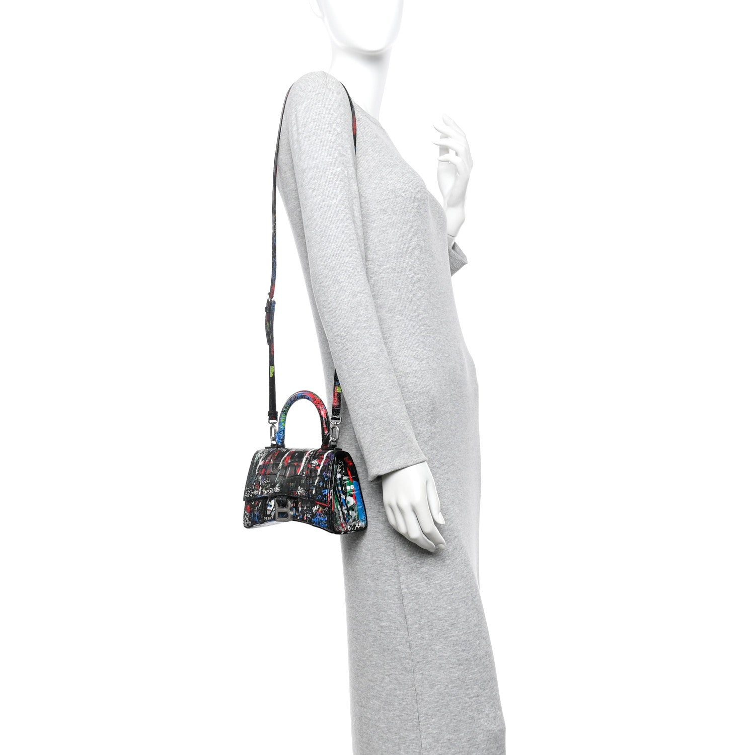 Balenciaga Calfskin Graffiti Crocodile Embossed Hourglass Top Handle Bag XS Black Multicolor 2 of 11