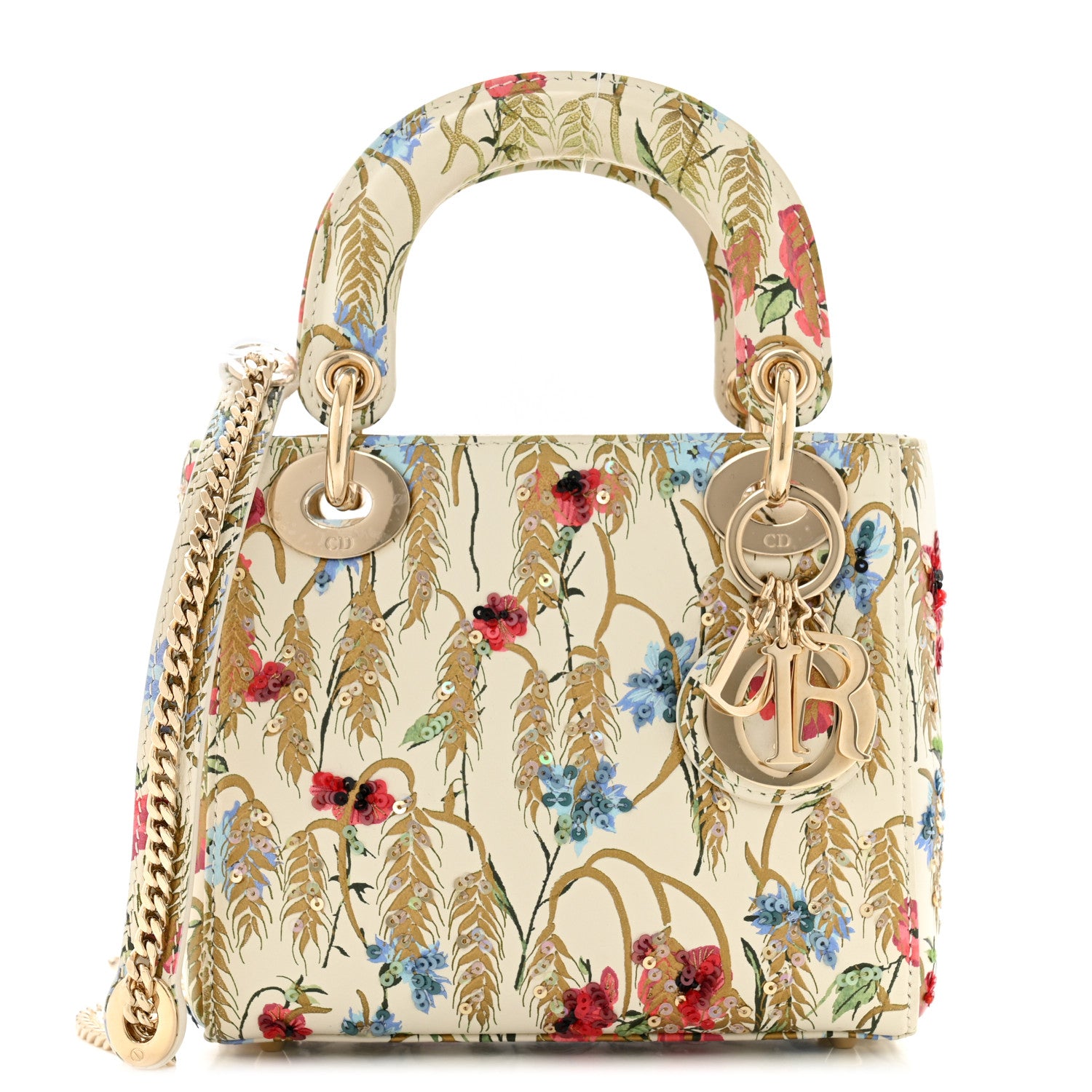 Christian Dior Calfskin Hibiscus Printed Embroidered Mini Lady Dior Beige Multicolor 1 of 11
