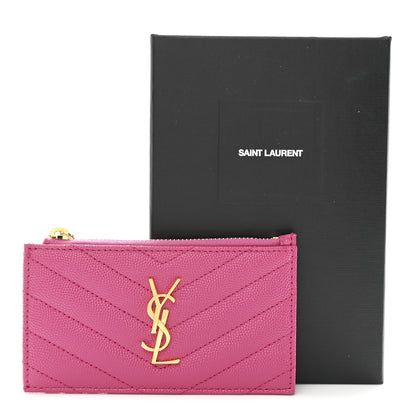 Saint Laurent Grain De Poudre Matelasse Chevron Monogram Fragments Zippered Card Case Fresh Fuxia 8 of 8