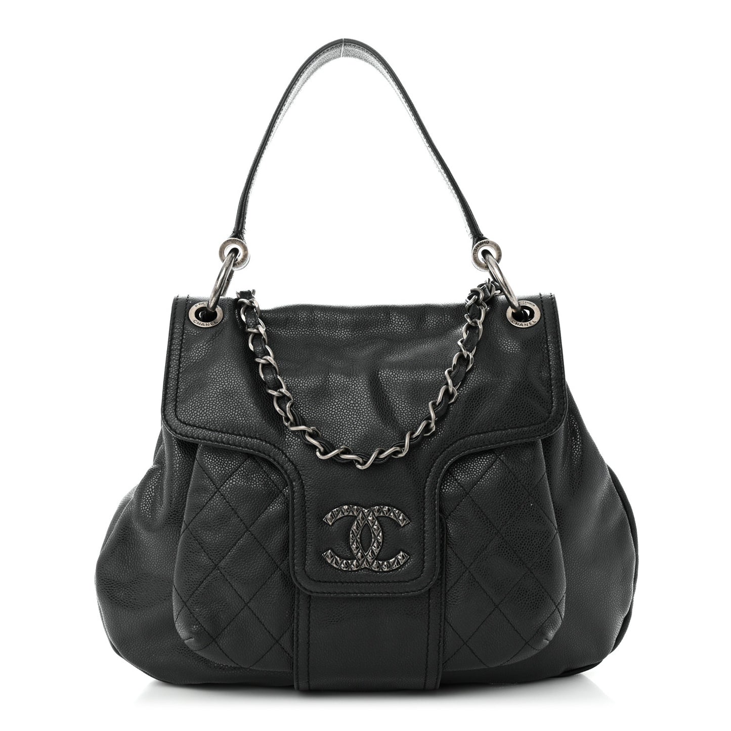 Glazed Caviar Coco Rider Flap Hobo Dark Grey