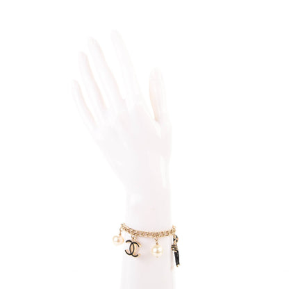 Chanel Pearl Bead CC Charm Bracelet Black Gold 2 of 5