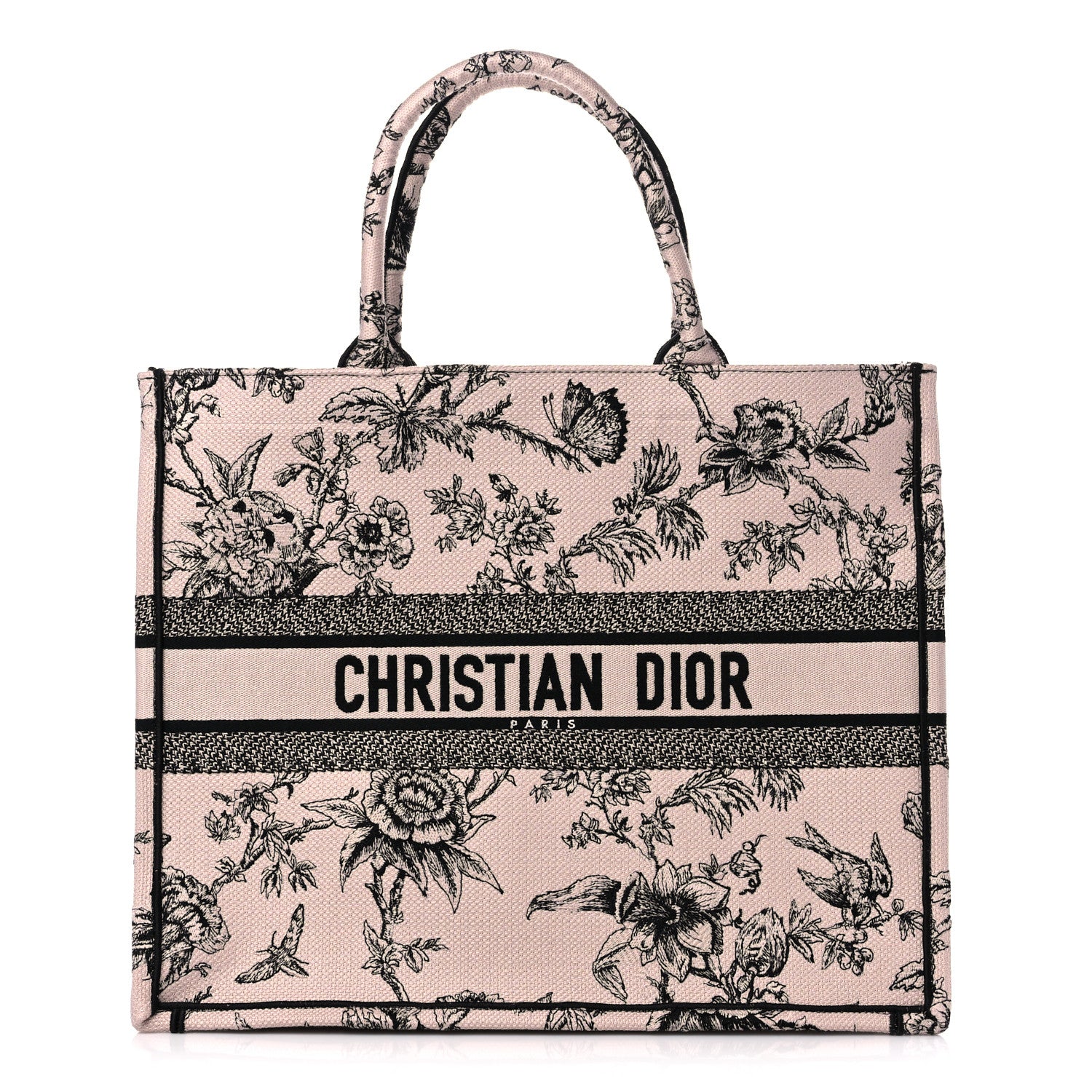 this is an image of a Large CHRISTIAN DIOR Canvas Jardin Botanique Embroidered Book Tote in the colors light pink and black by fashionphile