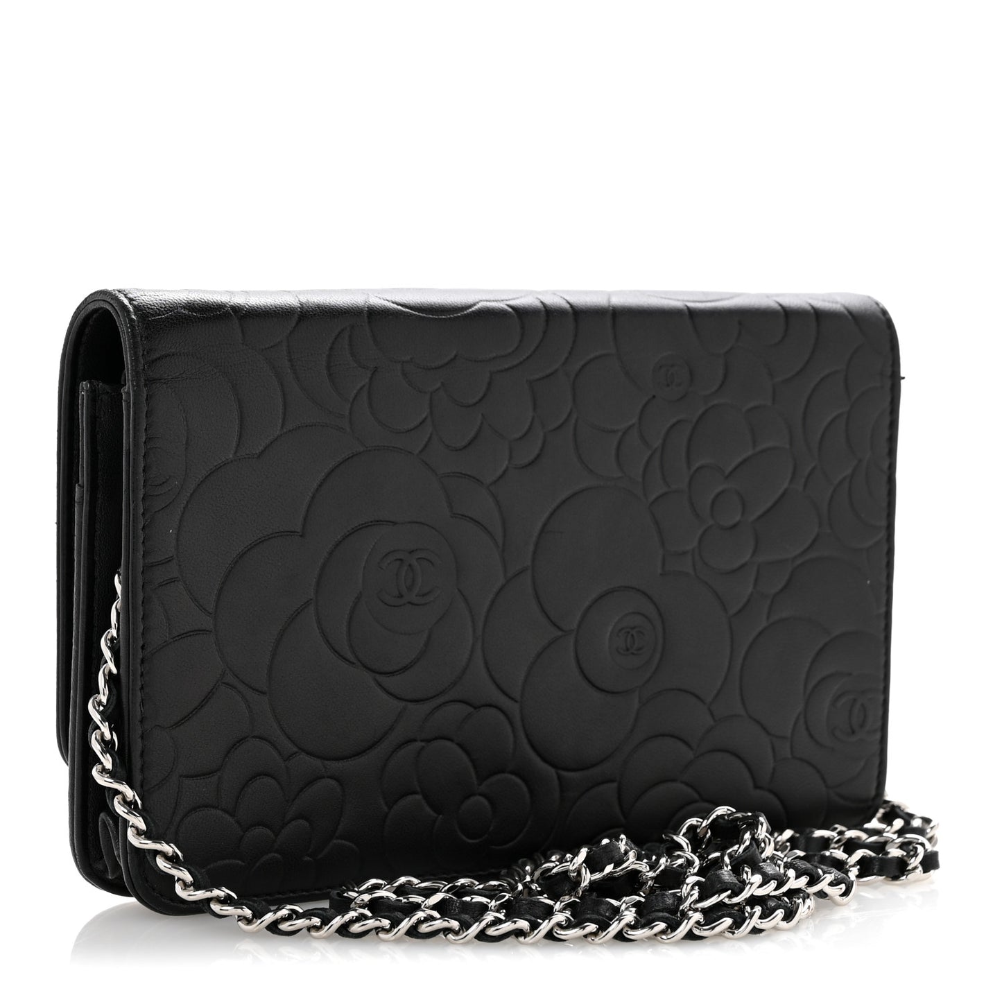 Lambskin Camellia Embossed Wallet On Chain WOC Black