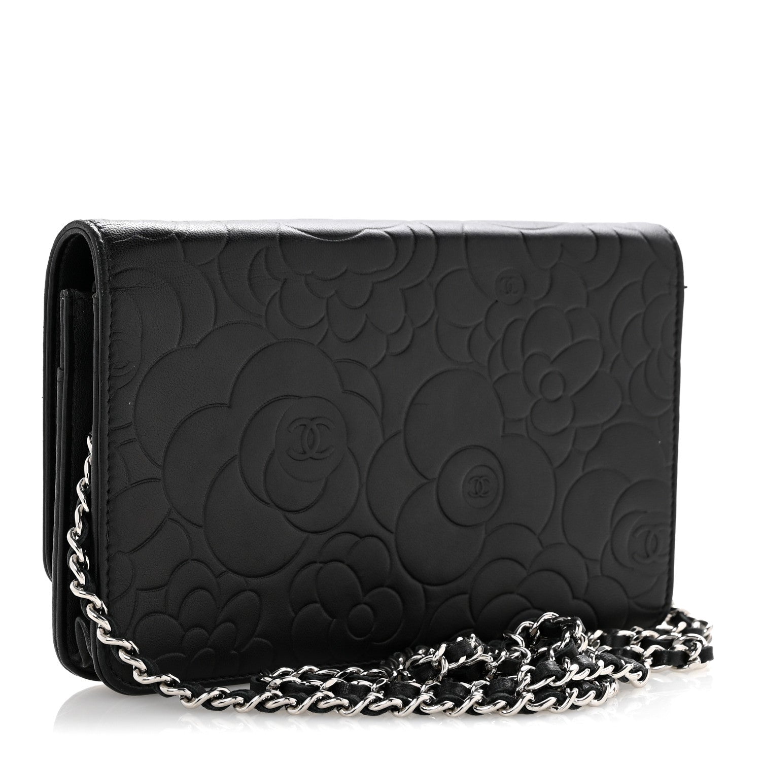 Chanel Lambskin Camellia Embossed Wallet On Chain WOC Black 3 of 15