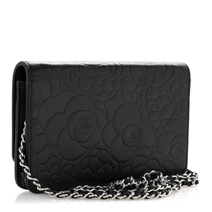 Chanel Lambskin Camellia Embossed Wallet On Chain WOC Black 3 of 15