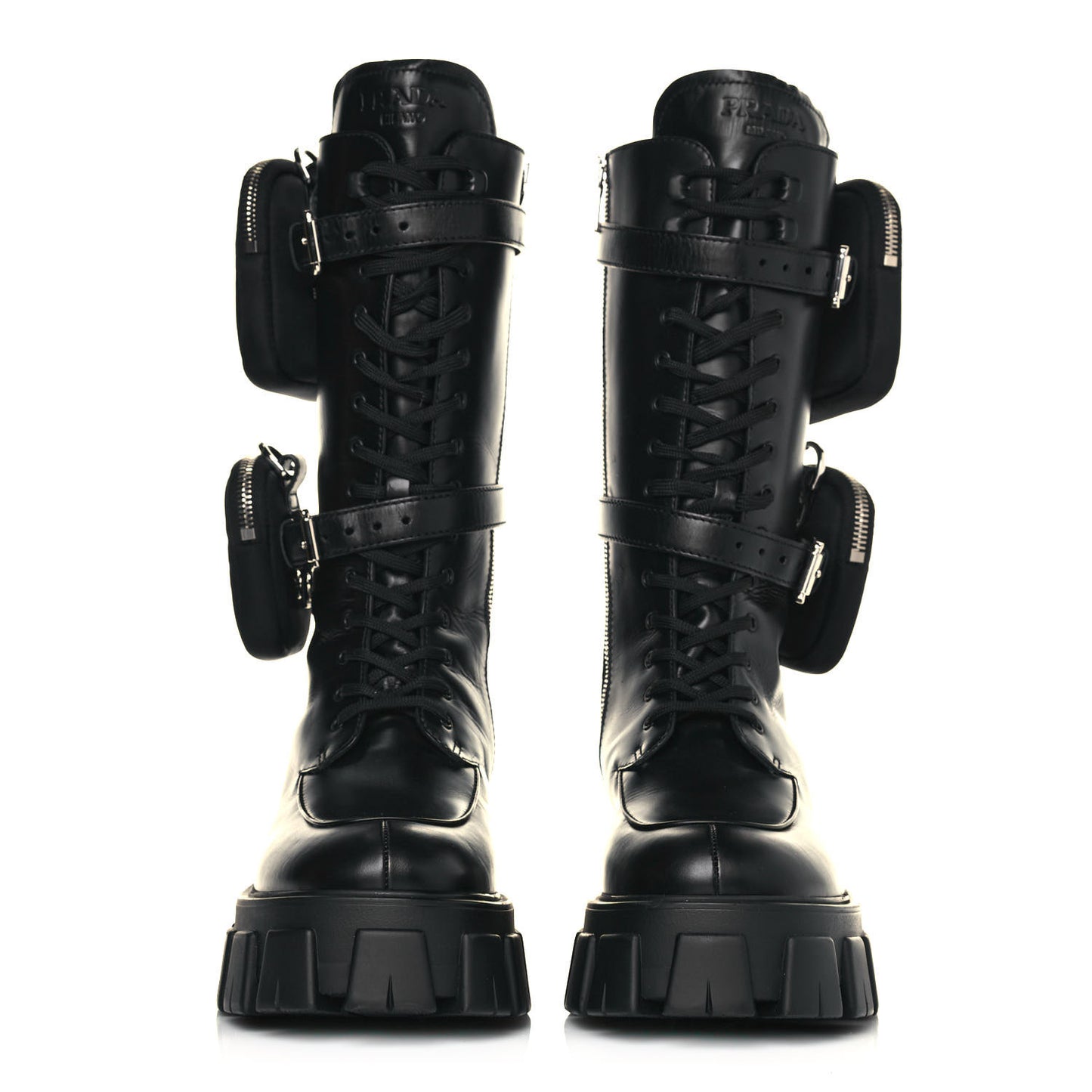 Vitello Lux Nylon Metal Triangle Logo Monolith Pouch Pocket 55mm Tall Combat Boots 40.5 Black