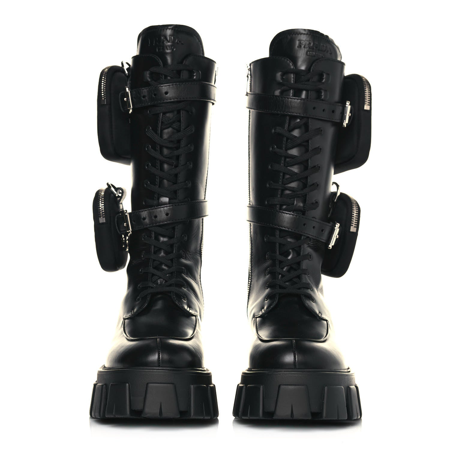 Prada Vitello Lux Nylon Metal Triangle Logo Monolith Pouch Pocket 55mm Tall Combat Boots 40.5 Black 2 of 10