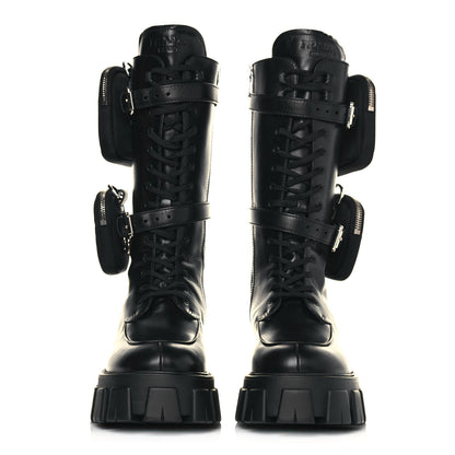 Prada Vitello Lux Nylon Metal Triangle Logo Monolith Pouch Pocket 55mm Tall Combat Boots 40.5 Black 2 of 10