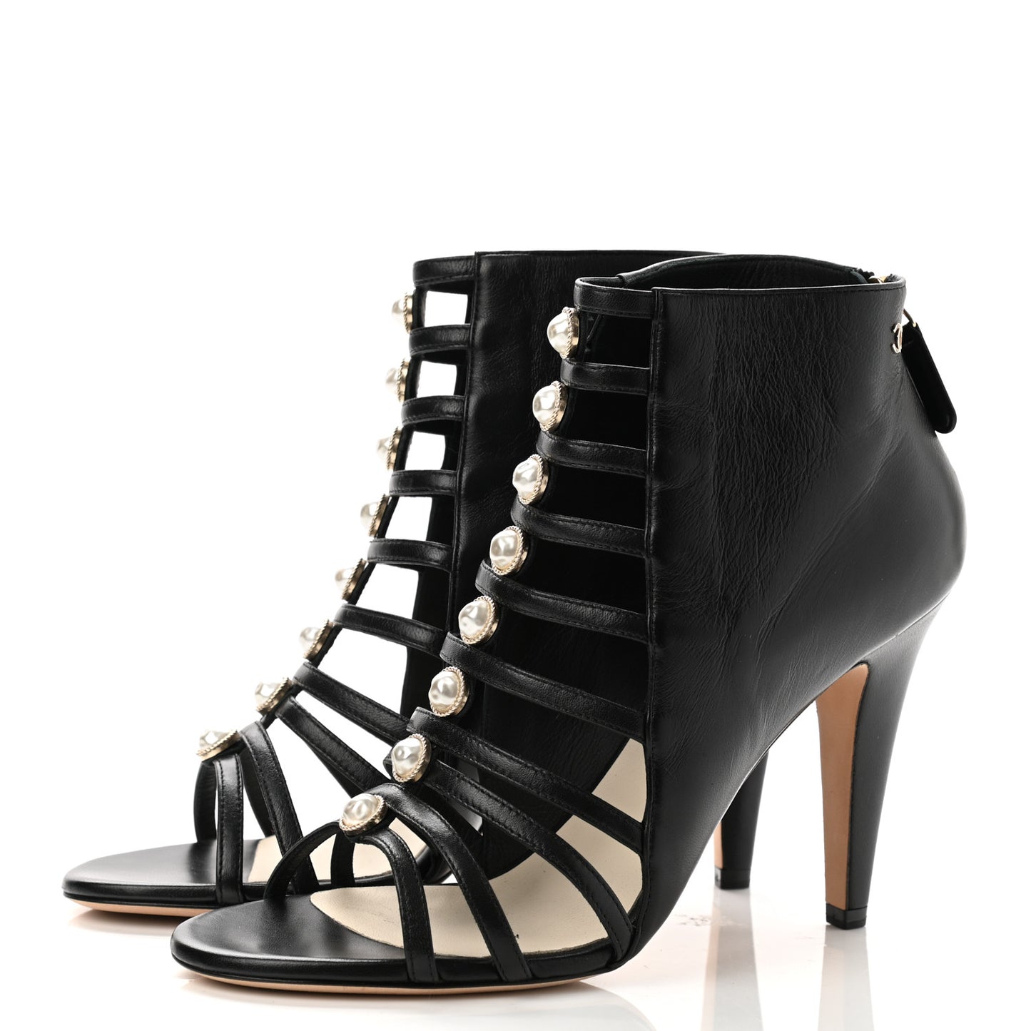 Lambskin Pearl Open Toe Caged Ankle Boots 39 Black