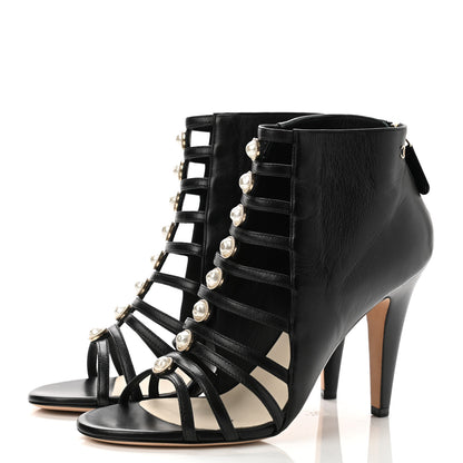 Chanel Lambskin Pearl Open Toe Caged Ankle Boots 39 Black 3 of 10