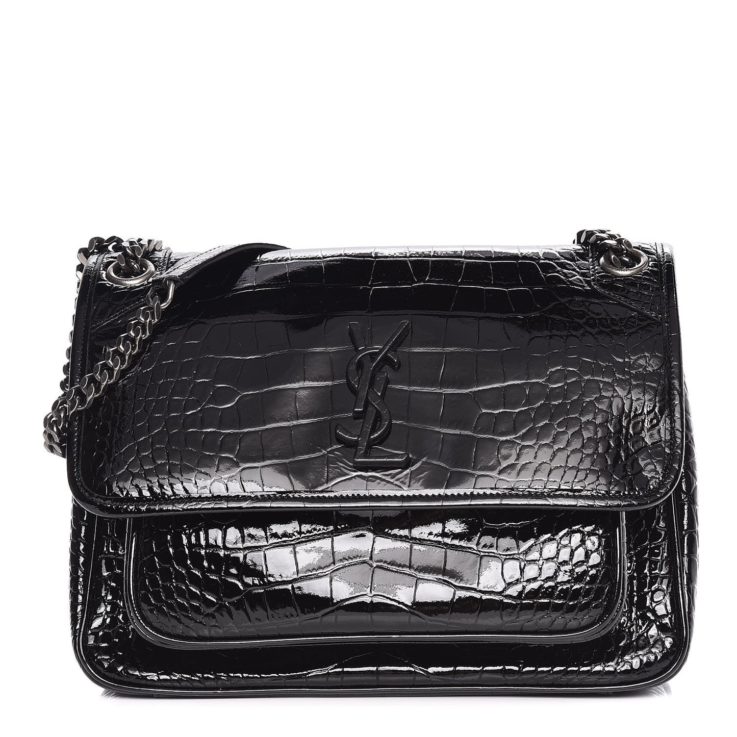 Patent Crocodile Embossed Lambskin Monogram Medium Niki Chain Satchel Black