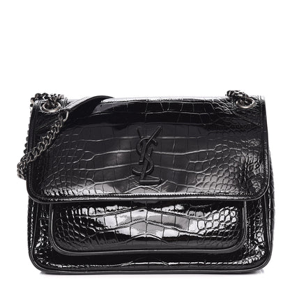 Saint Laurent Patent Crocodile Embossed Lambskin Monogram Medium Niki Chain Satchel Black 1 of 9