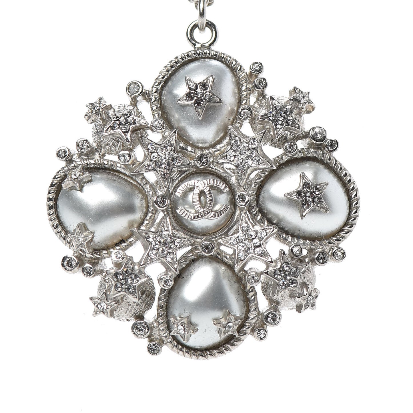 Crystal Pearl Stars CC Pendant Necklace Silver