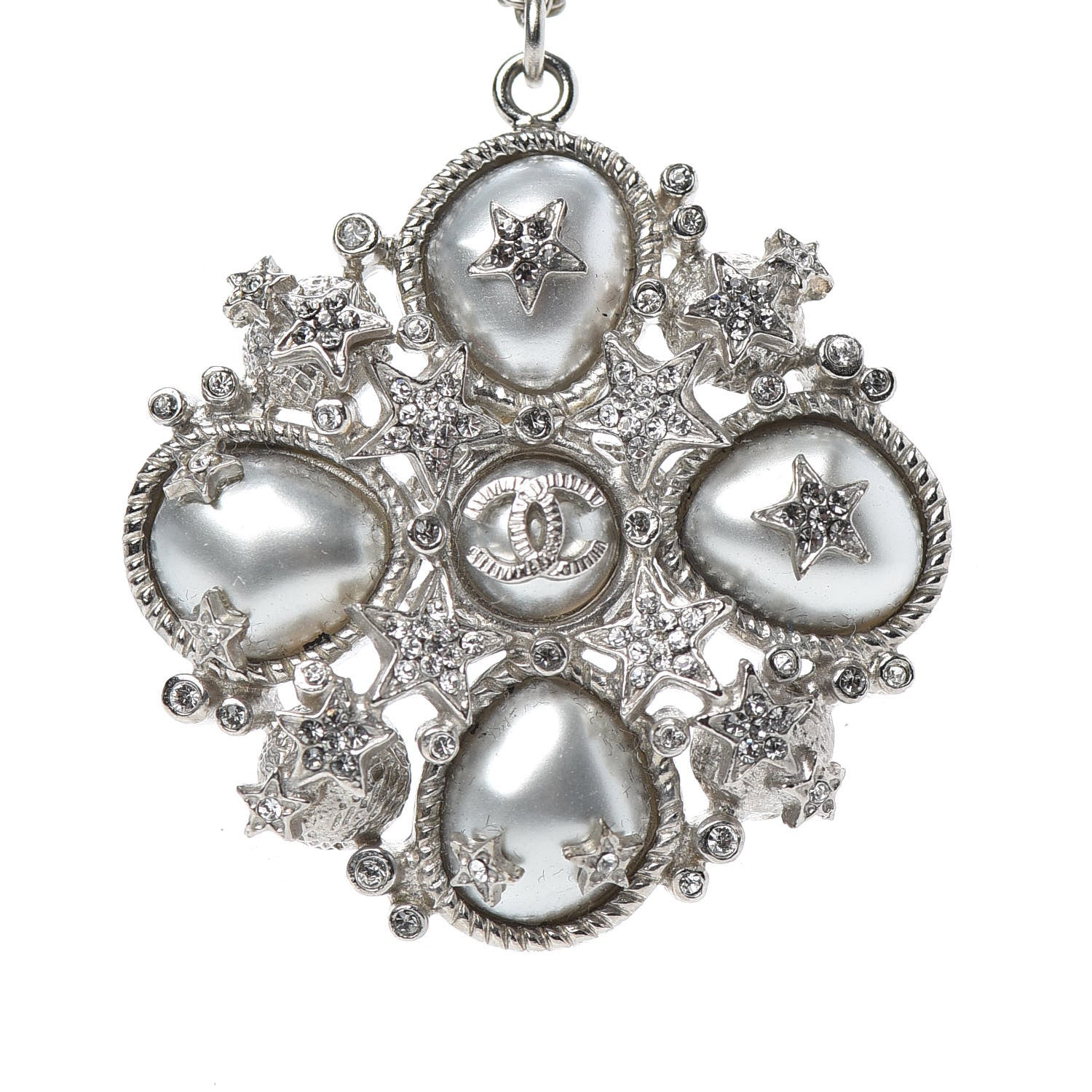 Chanel Crystal Pearl Stars CC Pendant Necklace Silver 5 of 5