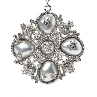 Chanel Crystal Pearl Stars CC Pendant Necklace Silver 5 of 5