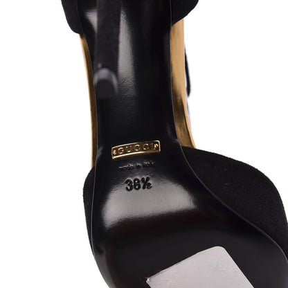Gucci Suede Metallic Cap Toe T-Strap Coline Pumps 38.5 Black Gold 6 of 7