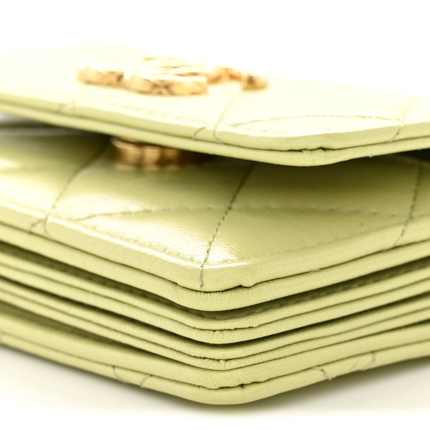 Lambskin Quilted Flap Card Holder On Chain Light Green