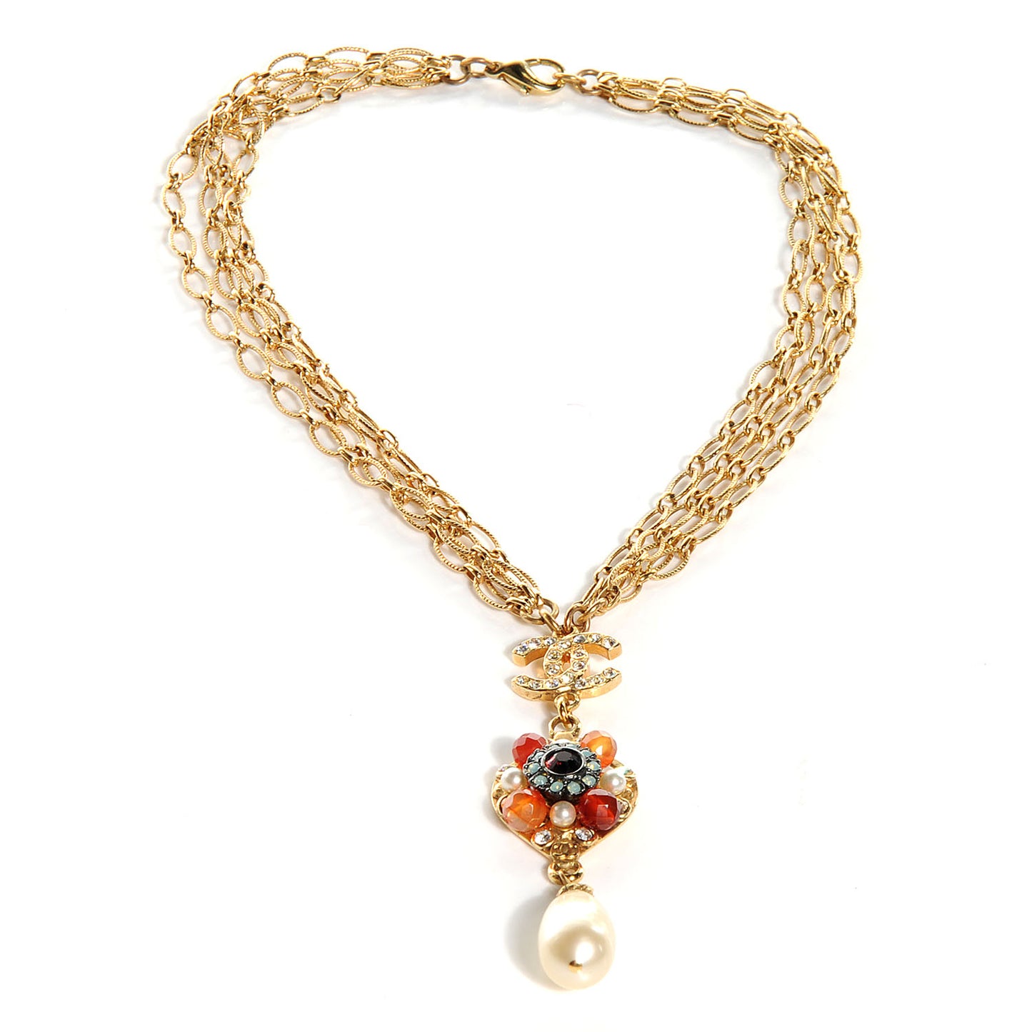 Jeweled Pearl CC Logo Drop Necklace Gold