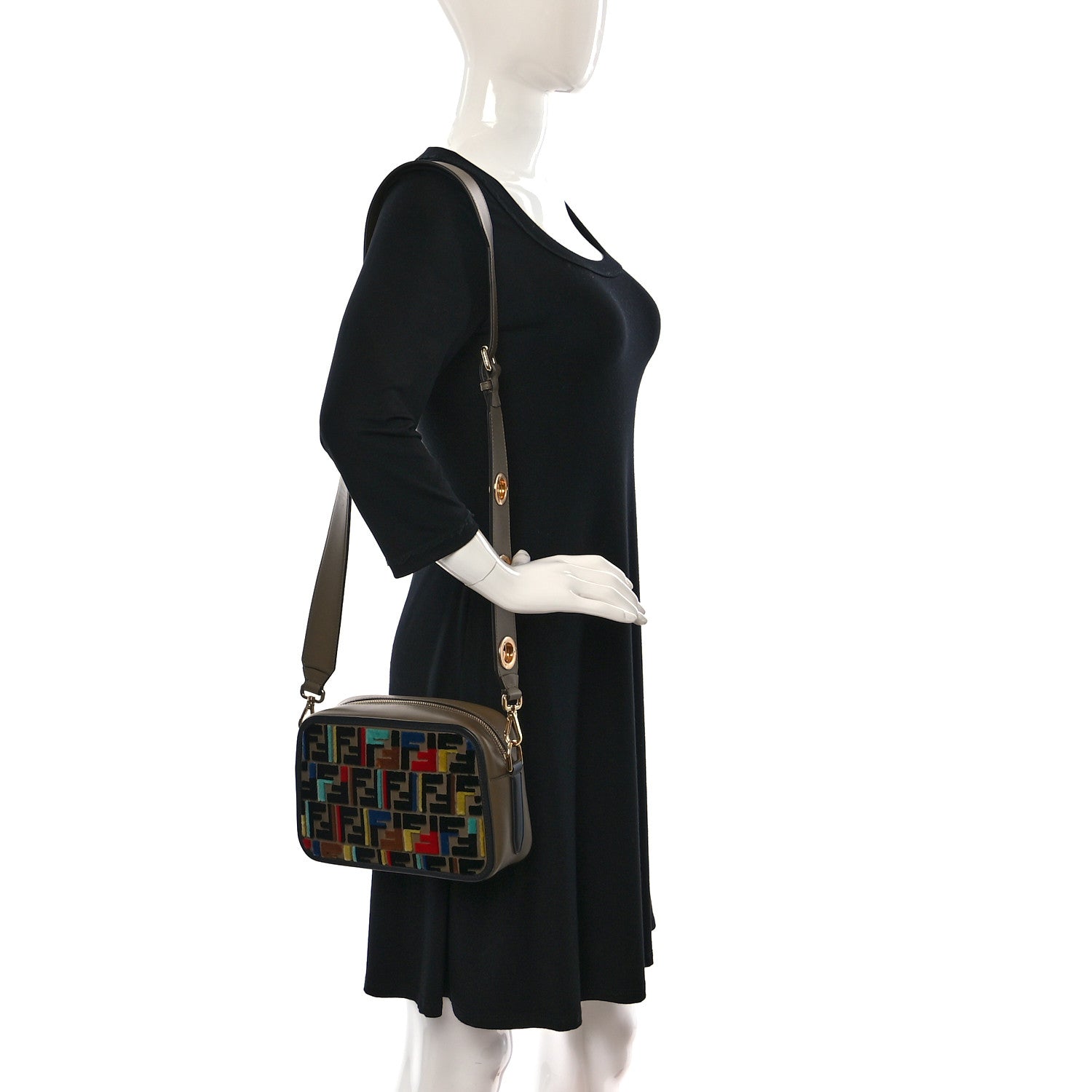 Fendi Vitello Century Velvet F is Fendi FF Multicolor Bi-Color Camera Case Fango Black Multicolor 2 of 12