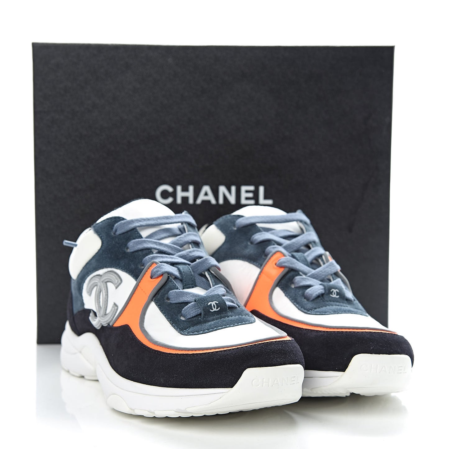 Nylon Calfskin Suede CC Womens Sneakers 38 Navy White Orange