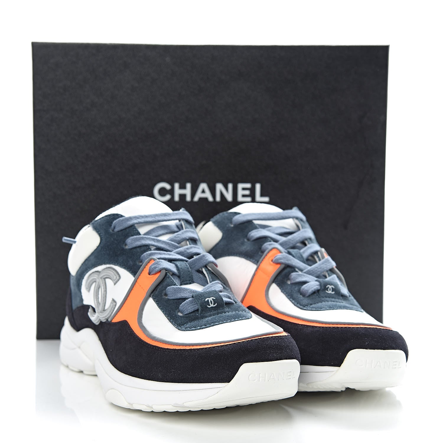 Chanel Nylon Calfskin Suede CC Womens Sneakers 38 Navy White Orange 9 of 9