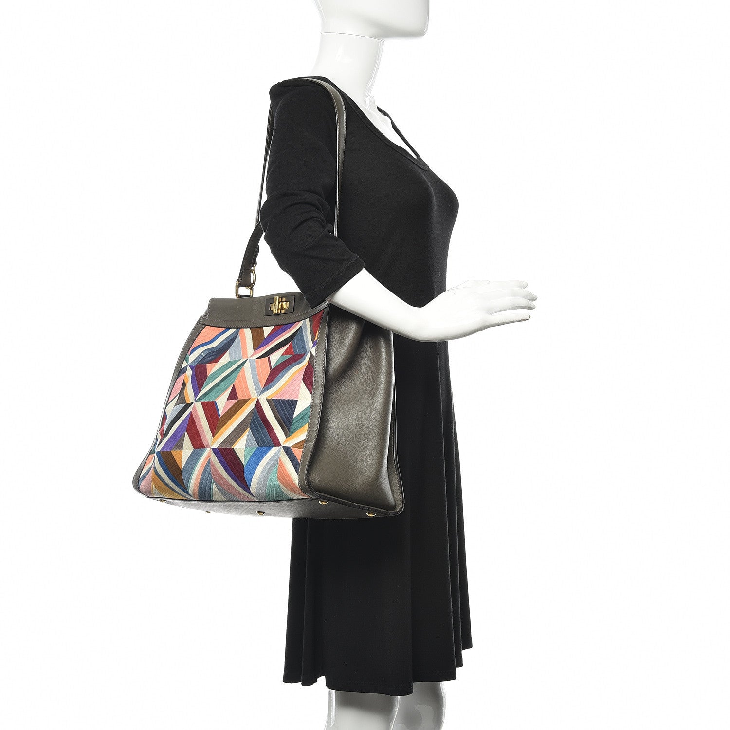 Fendi Calfskin Geometric Embroidered Large Peekaboo Iconic Satchel Grey 2 of 12