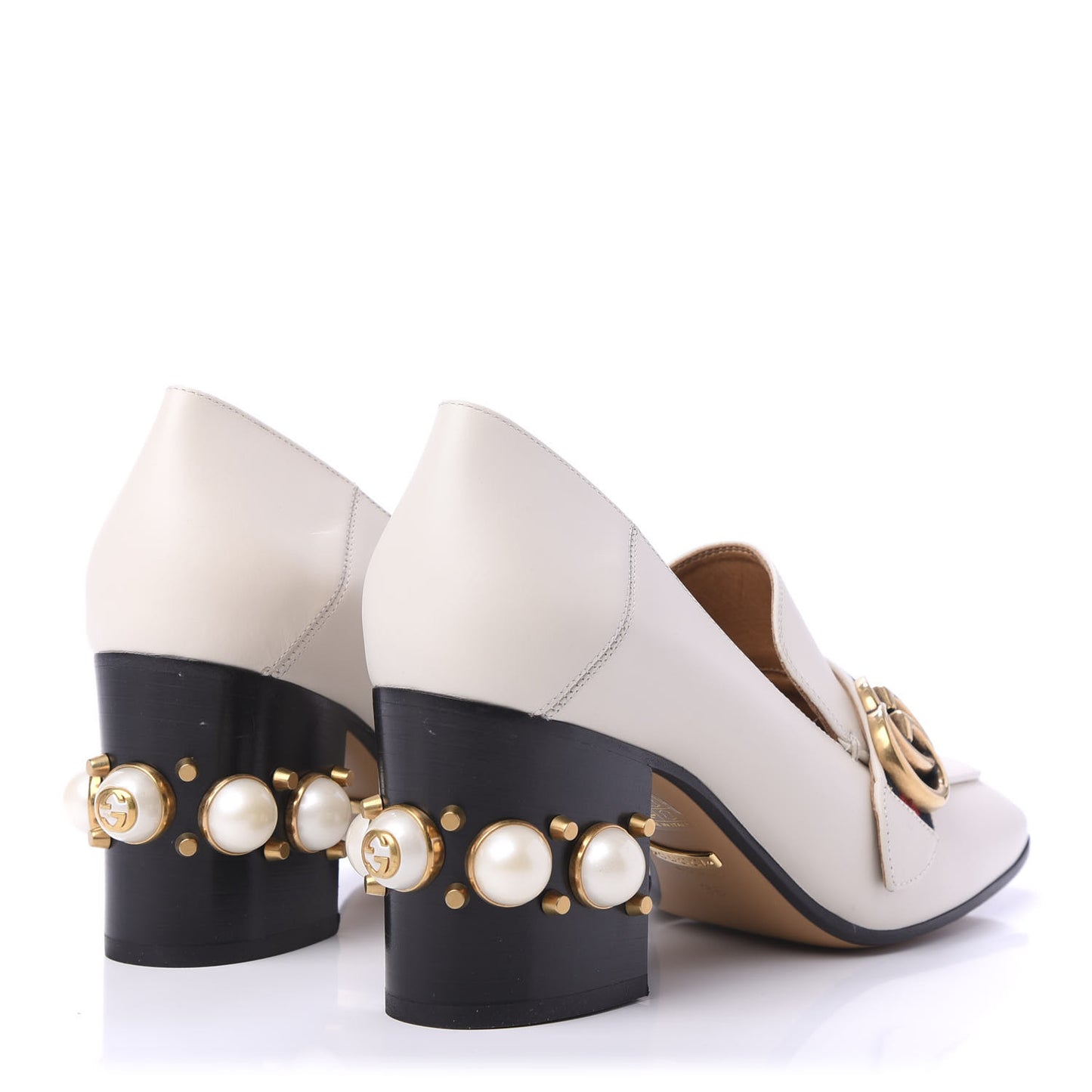 Betis Glamour Calfskin Web Pearl Embellished Peyton 75mm Loafer Pumps 38 Mystic White