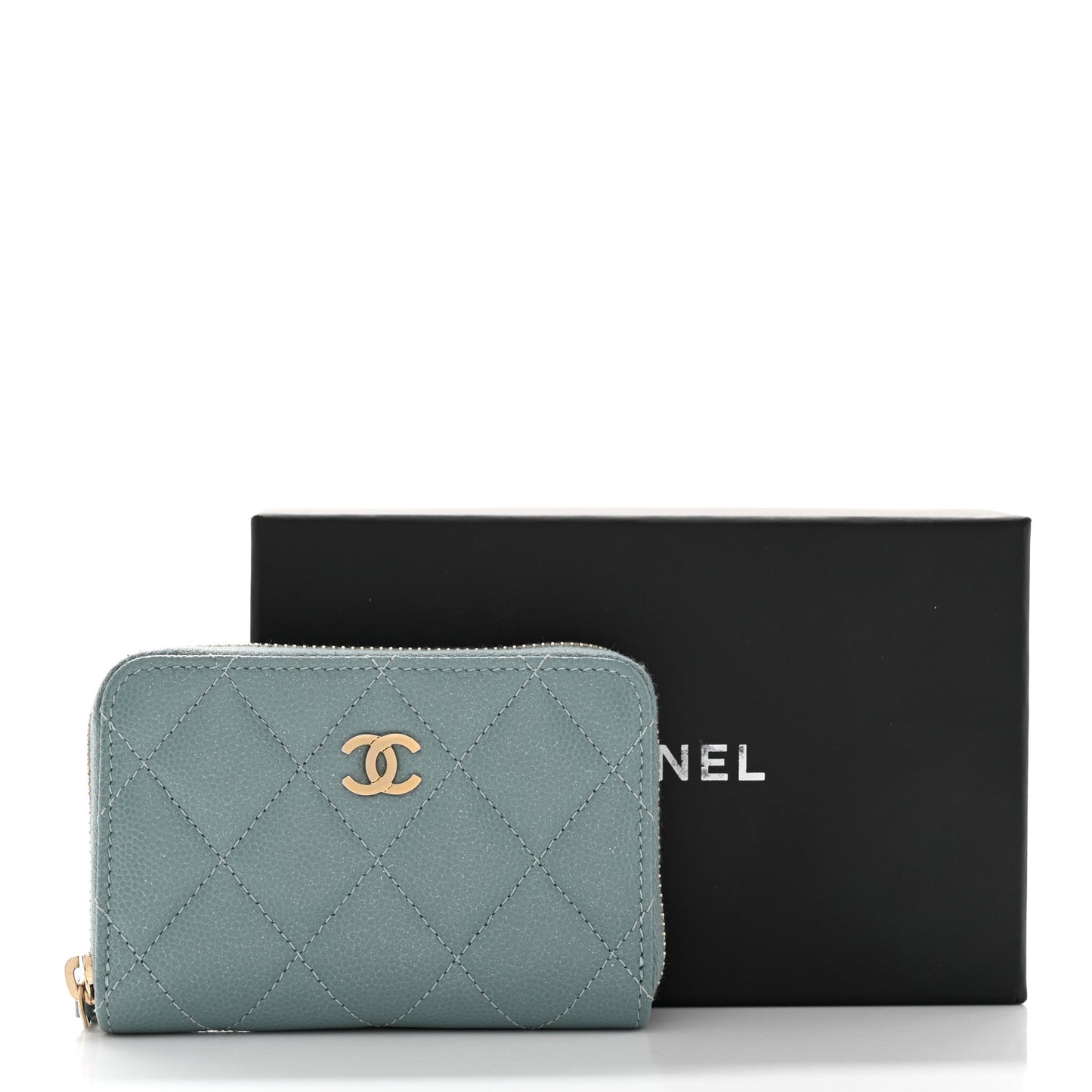 Iridescent Caviar Quilted Zip Coin Purse Light Blue