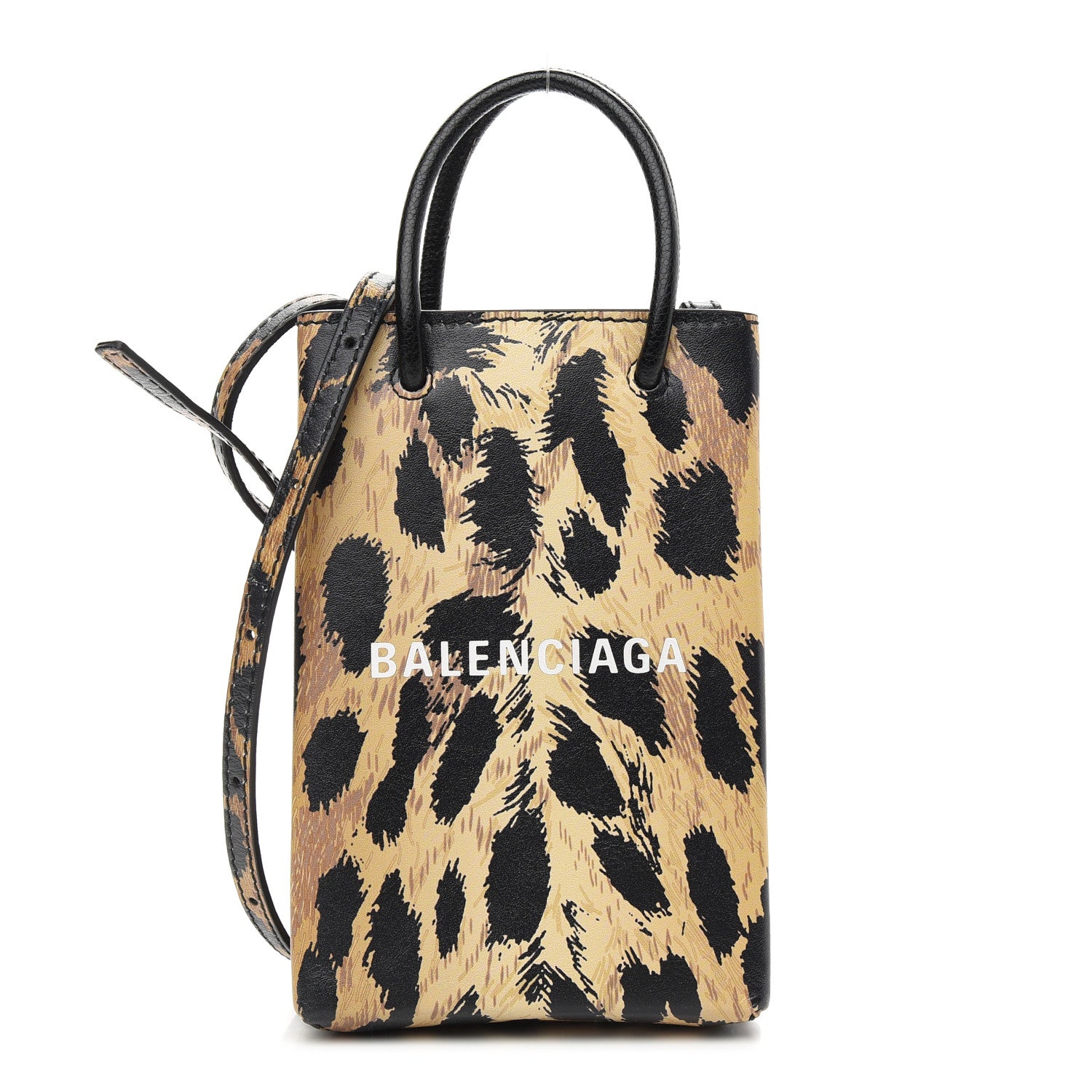 Balenciaga Smooth Calfskin Leopard Print Logo Shopping Phone Holder Bag Beige Black 1 of 8