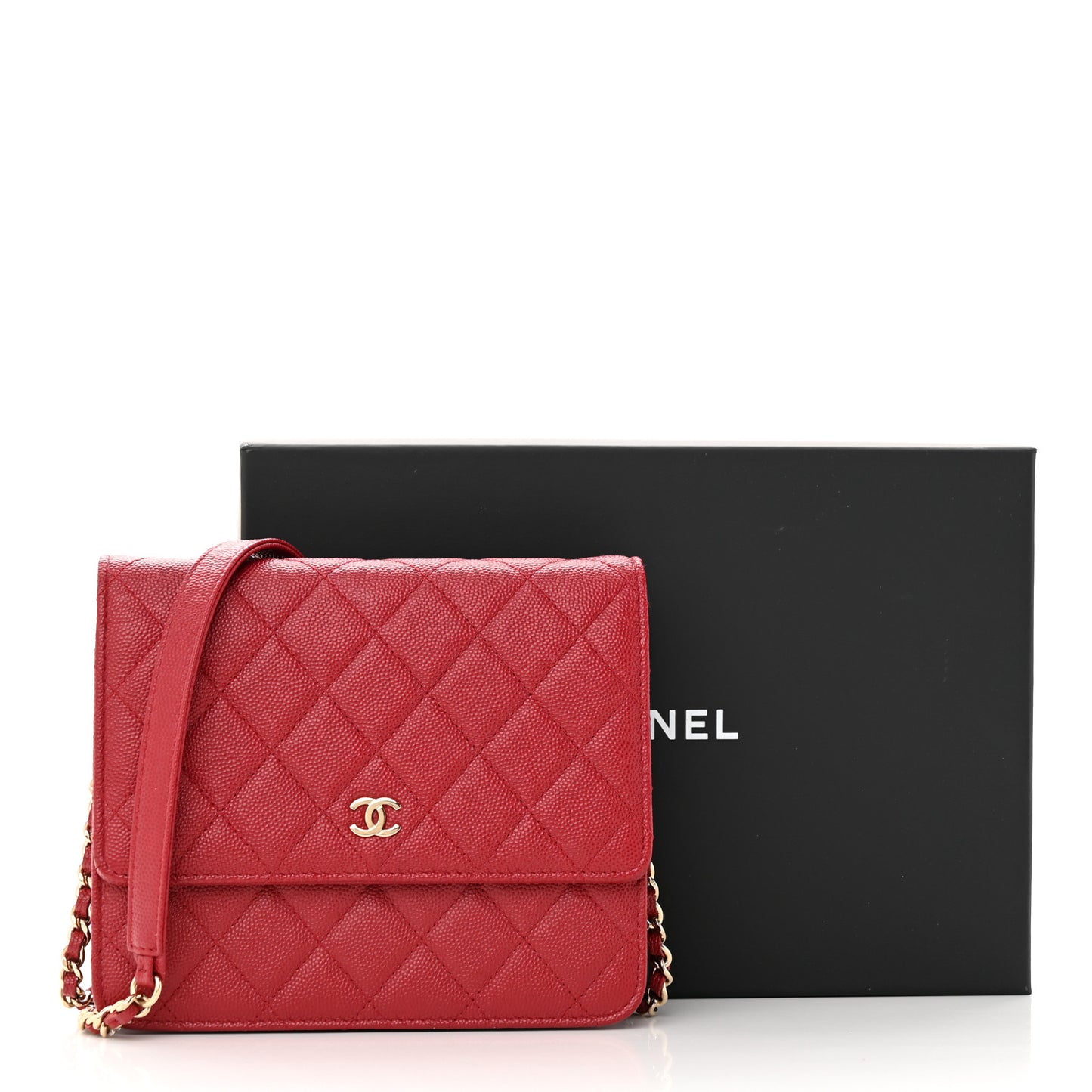 Caviar Quilted Square Wallet On Chain WOC Dark Red