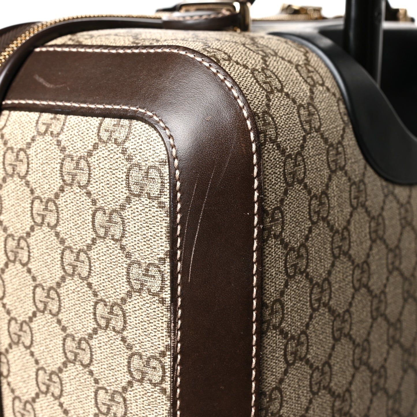 GG Supreme Monogram Selleria Calfskin Four Wheel Carry On Suitcase Beige Ebony Cocoa