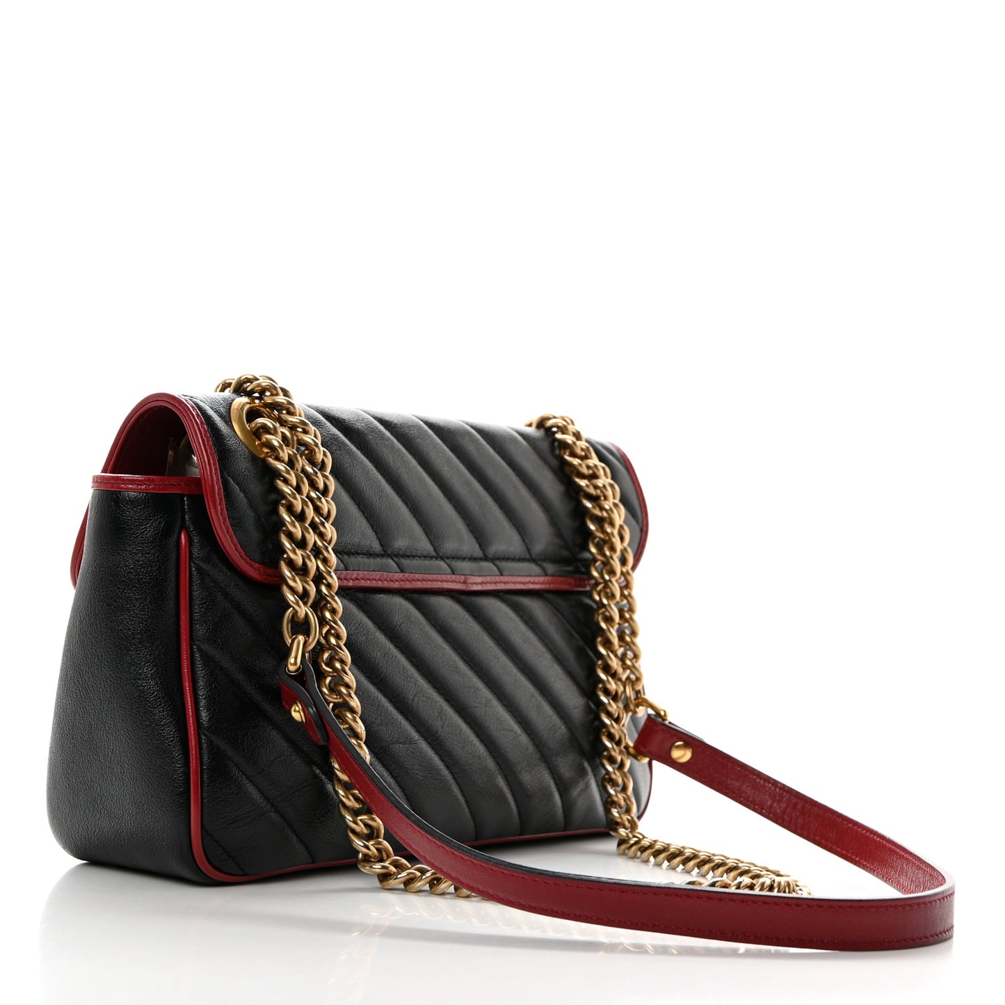 Vintage Effect Calfskin Matelasse Diagonal Small Torchon GG Marmont Shoulder Bag Black Romantic Cherry