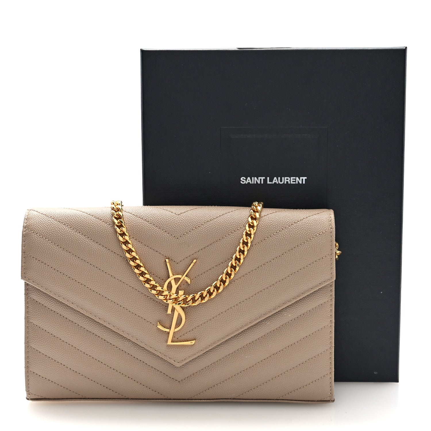 Saint Laurent Grain De Poudre Matelasse Chevron Monogram Chain Wallet Dark Beige 10 of 10