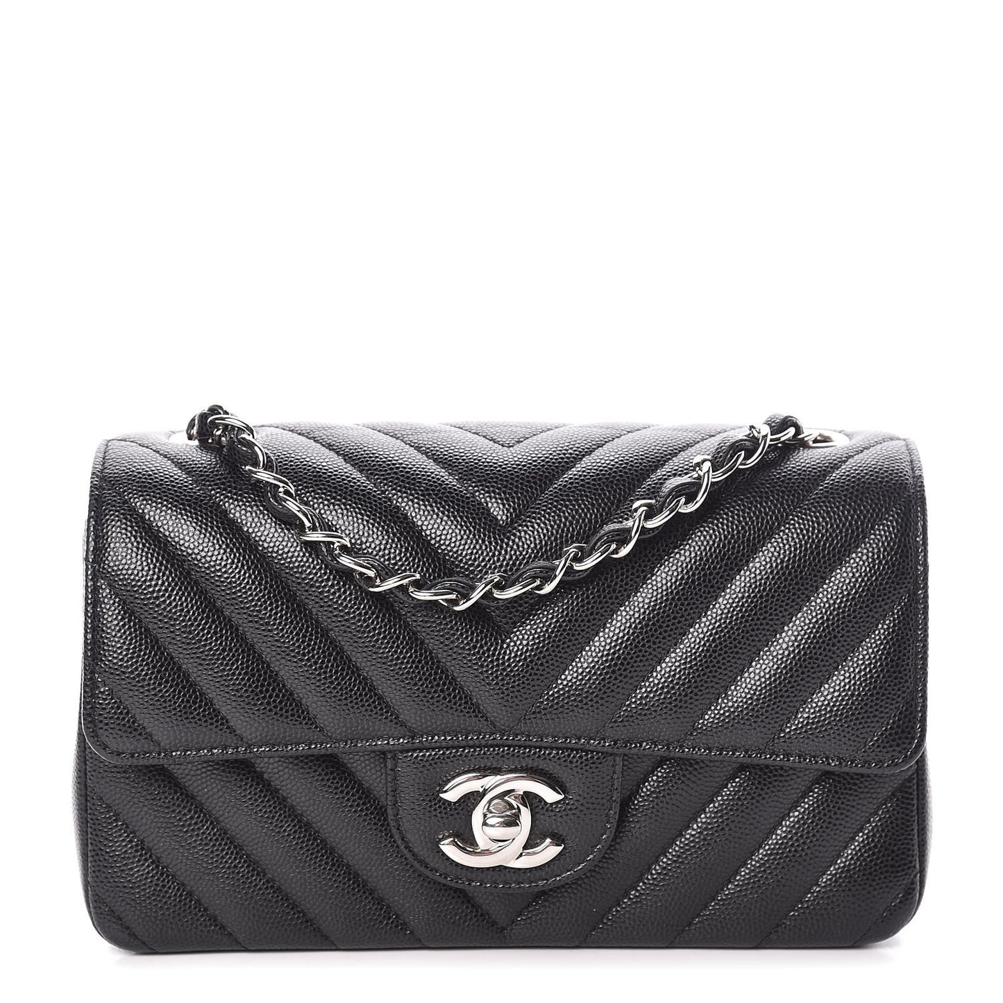 Caviar Chevron Quilted Mini Rectangular Flap Black