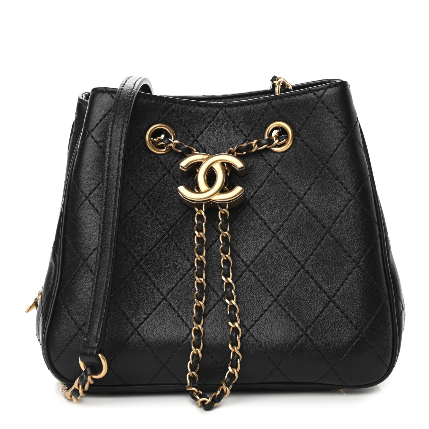 Calfskin Stitched Small Egyptian Amulet Drawstring Bag Black