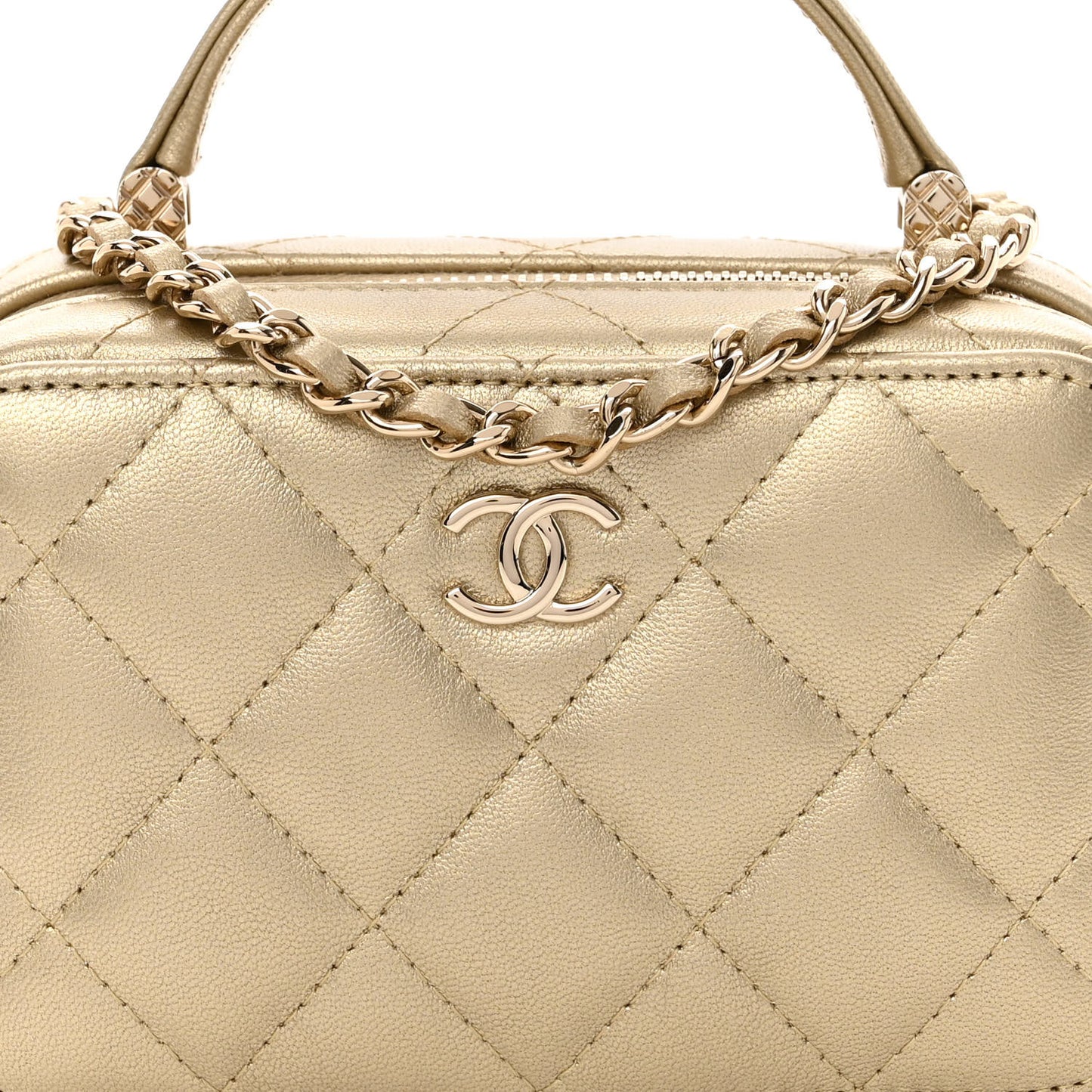 Metallic Lambskin Quilted Small Top Handle Vanity Case Gold